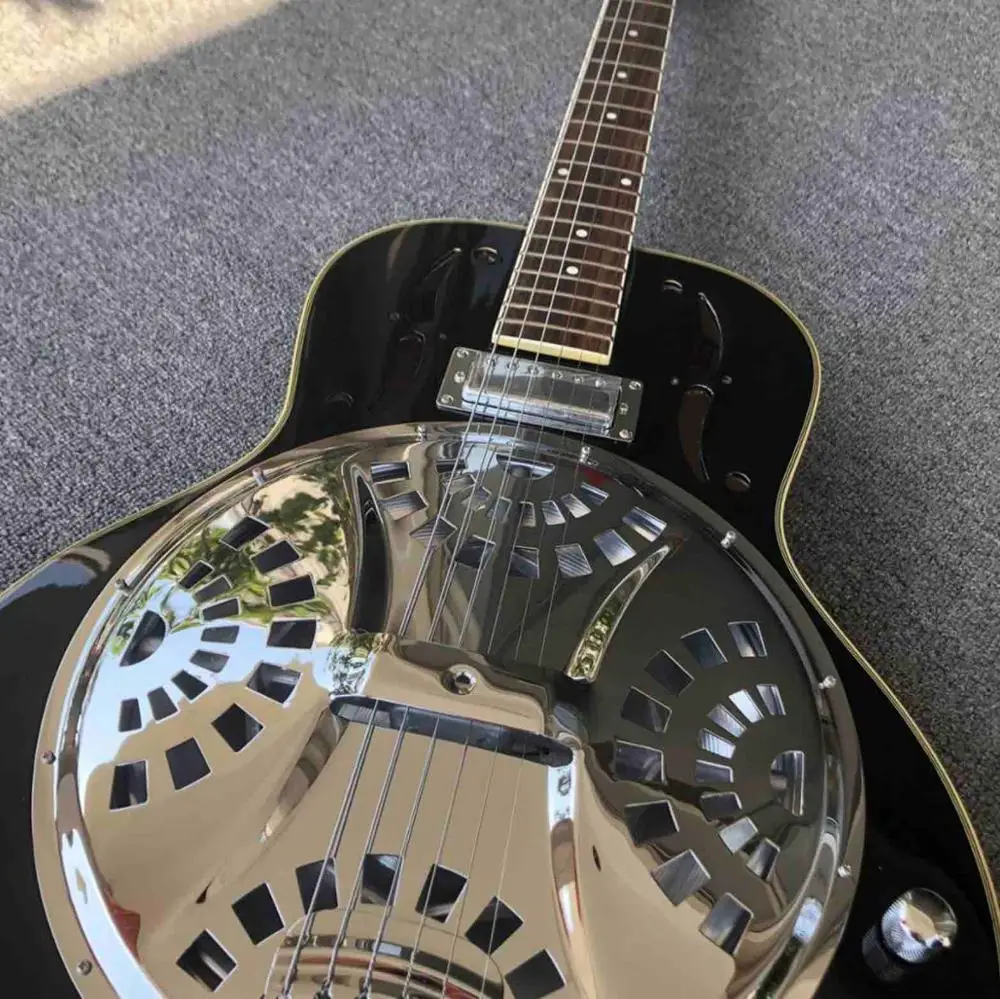 Grand Black Maple Hollow body Electric Guitar Metal top Mini Humbucker Resonator Steel guitar Free shipping