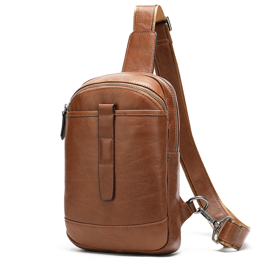 Vintage fashion genuine cowhide leather high quality crossbody custom logo casual sport chest bag for man