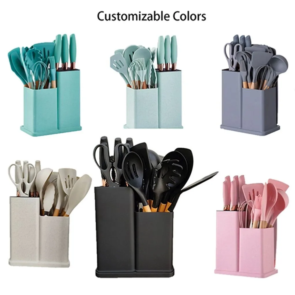 Factory Food Grade 19pcs Knife Set, Wooden Handles Silicone Turner Tongs Spatula Spoon Kitchen for Nonstick Cookware