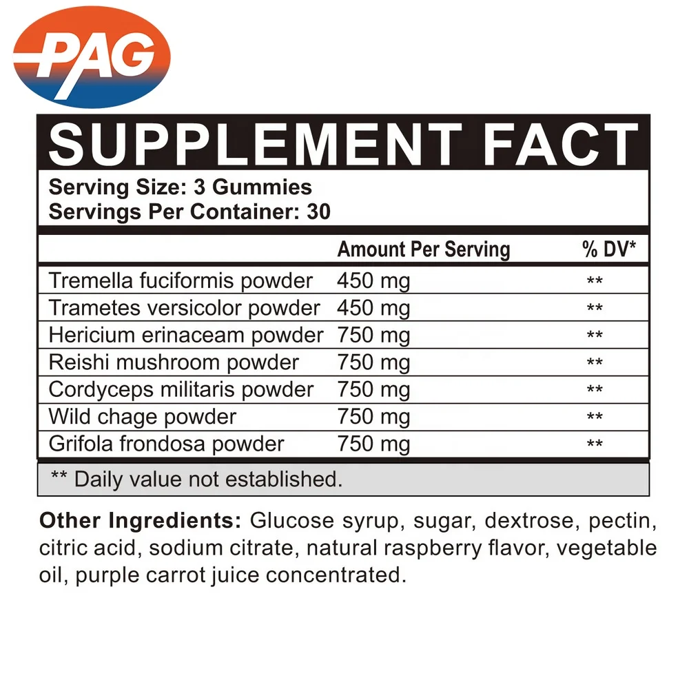 PAG Organic Herbal 100% Natural High Quality Daily Dietary Supplement Contains More Than 5 Kinds Of Mushroom Immune Gummy