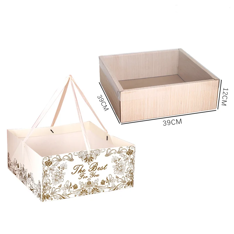 IMEE Large Wood Grain Corrugated 15 inch Fruit Box Big Flower Gift Square Hat Box with Clear Lid 3-5kg Folding Box for Festival