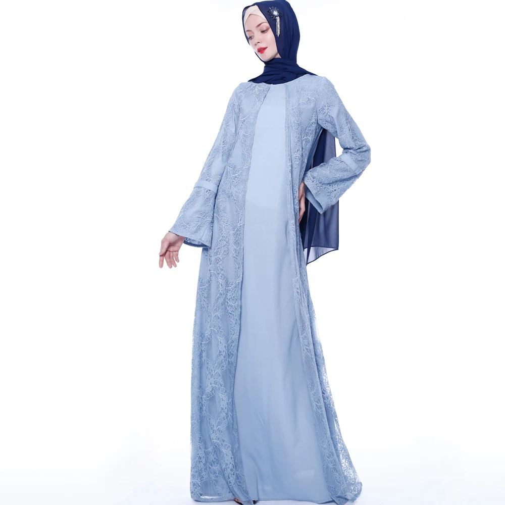 
elegant bell sleeve closed abaya sky blue lace long abaya dress 