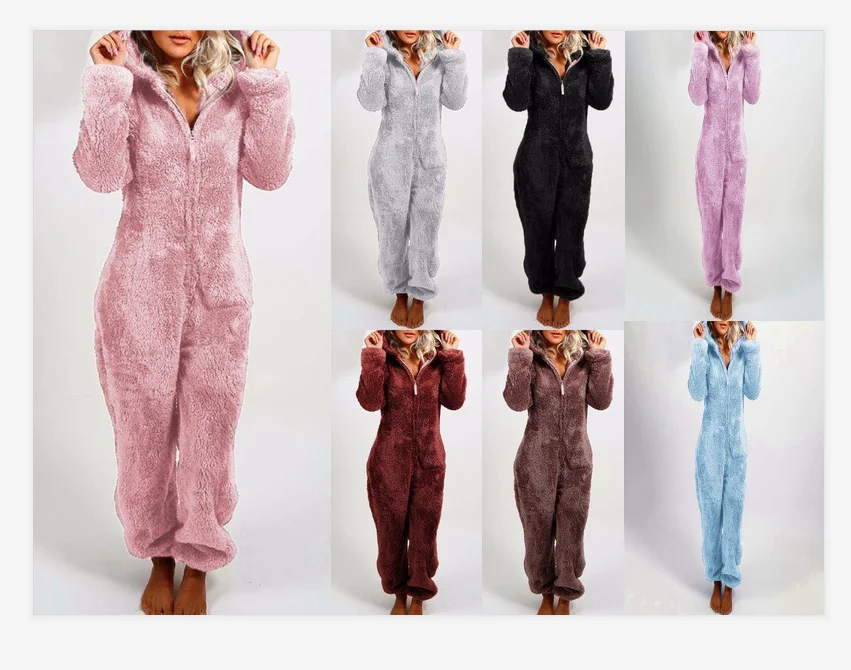 2021 Womens Sporting One Piece Jumpsuit Pajama Hoodie Warm Set Solid Comfy Brushed Plush Thickening Zipper Sweatshirt