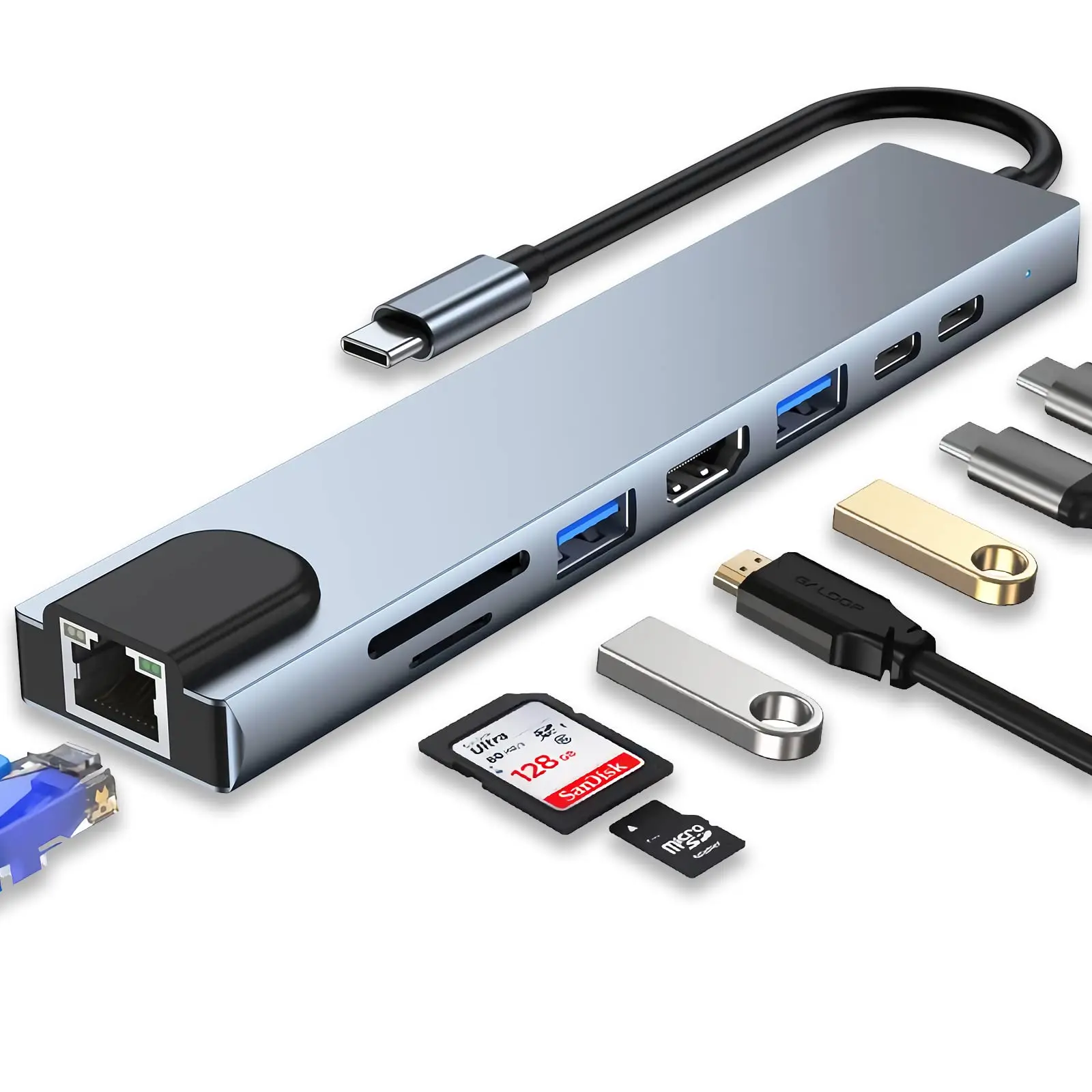 USB-концентратор 8 в 1 Type C 3 на 4K HDMI с кардридером RJ45