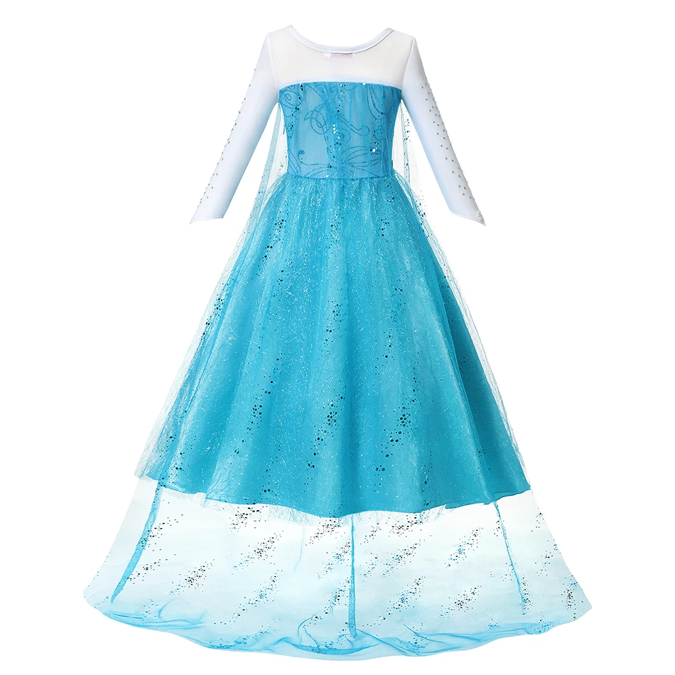  Платье Эльзы для девочек с длинным шлейфом кружевом блестками и разрезом на подоле осенние детские праздничные костюмы принцессы рукавом ролевых
