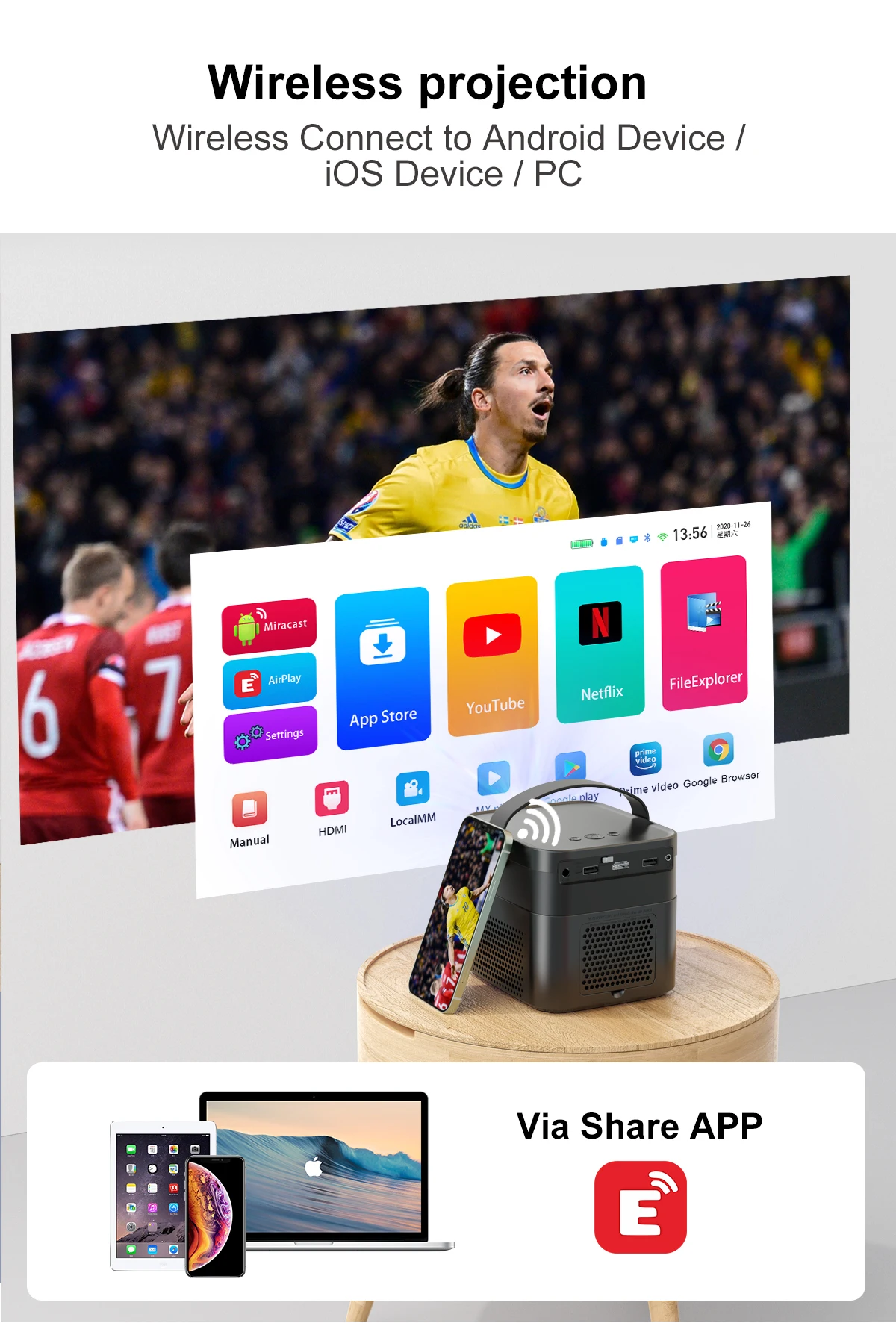 SooPii V3 DLP Projector, Portable 4K Home Theater Projector, 350 ANSI lumens 960*540P Android 9 BT Speaker HIFI Stereo Player