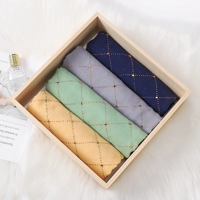 Rhinestone Muslim Cotton Linen Hijabs Solid Color Scarf Sprinkle Gold Powder Shawl Wrap Hot Drilling Headband Foulard