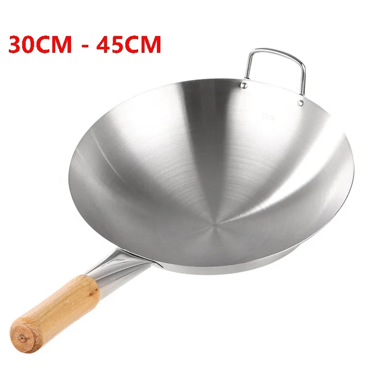 Wholesale Large 30-45cm Stainless Steel Wok Durable Inox Fry Pan Wooden Handle Gas Stove Applicable Chinese Wok Pan Cooking Pot