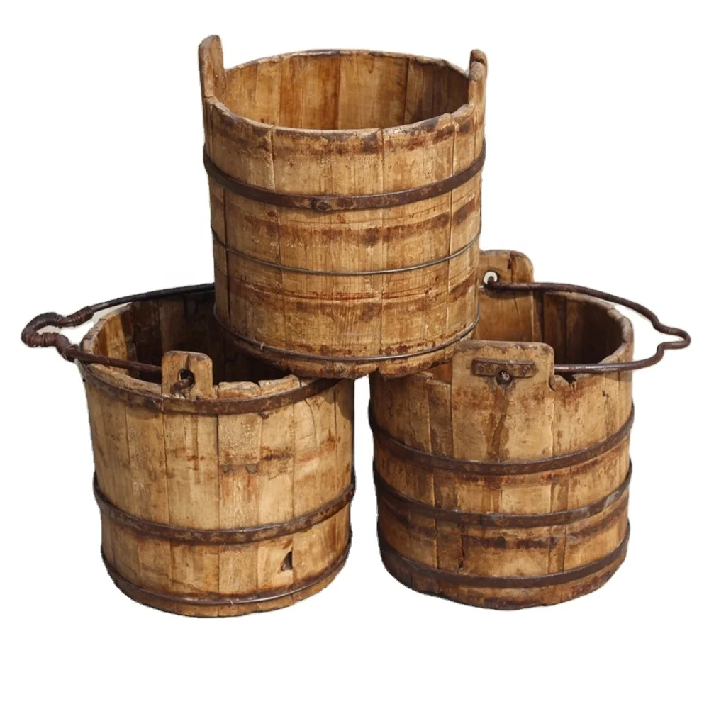 Chinese Antique Farm Handmade Decor Rustic Wooden Water Buckets