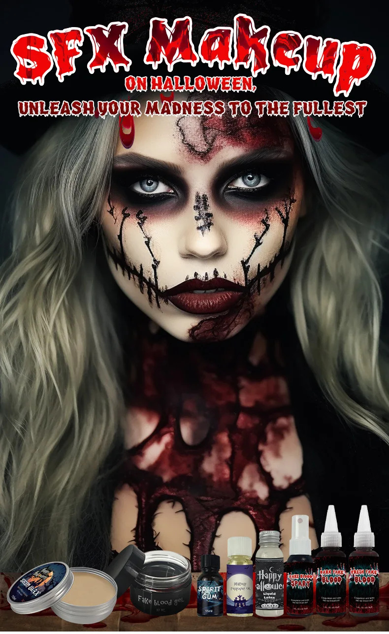 Nicro Halloween Cosplay Makeup Props Fake Blood Spray Horror 3D Bleed Temporary Scar Wound Halloween Makeup Liquid Latex Set