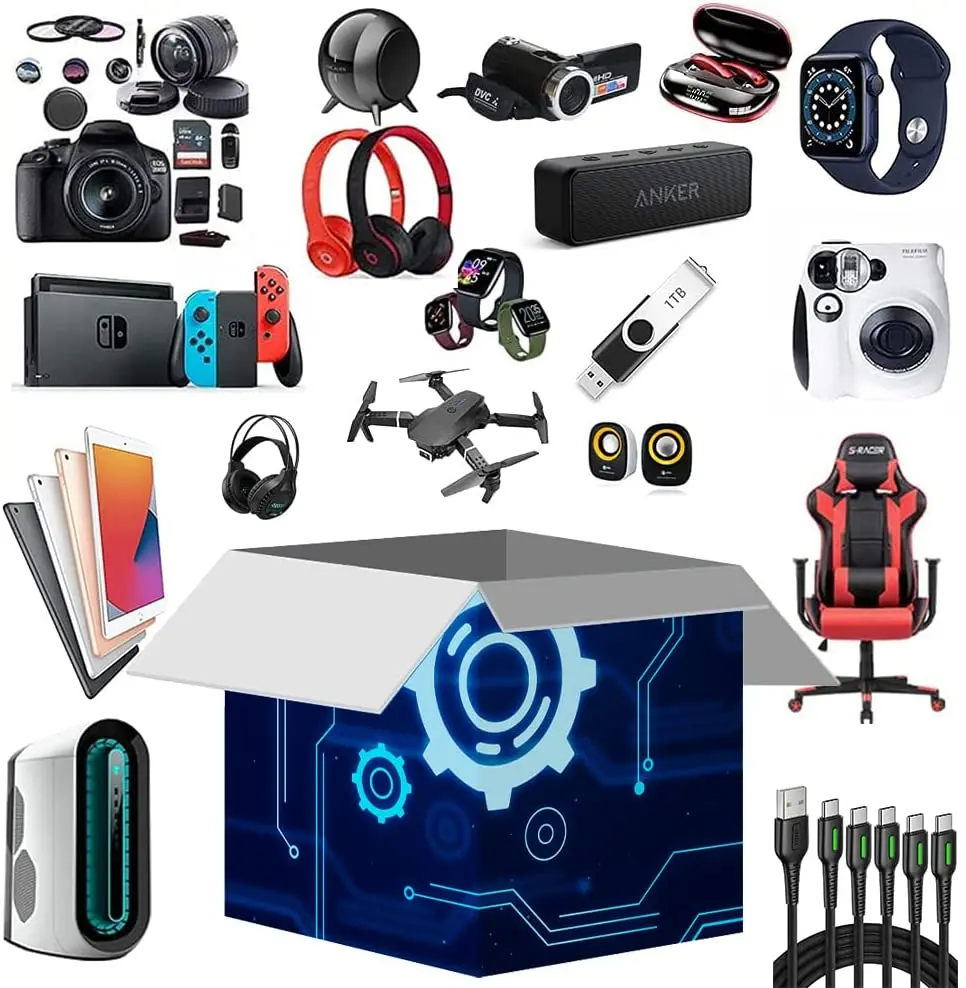 Hot selling electric products mystery boxes may have Bluetooth Headset,Smart robot,Digital camera...