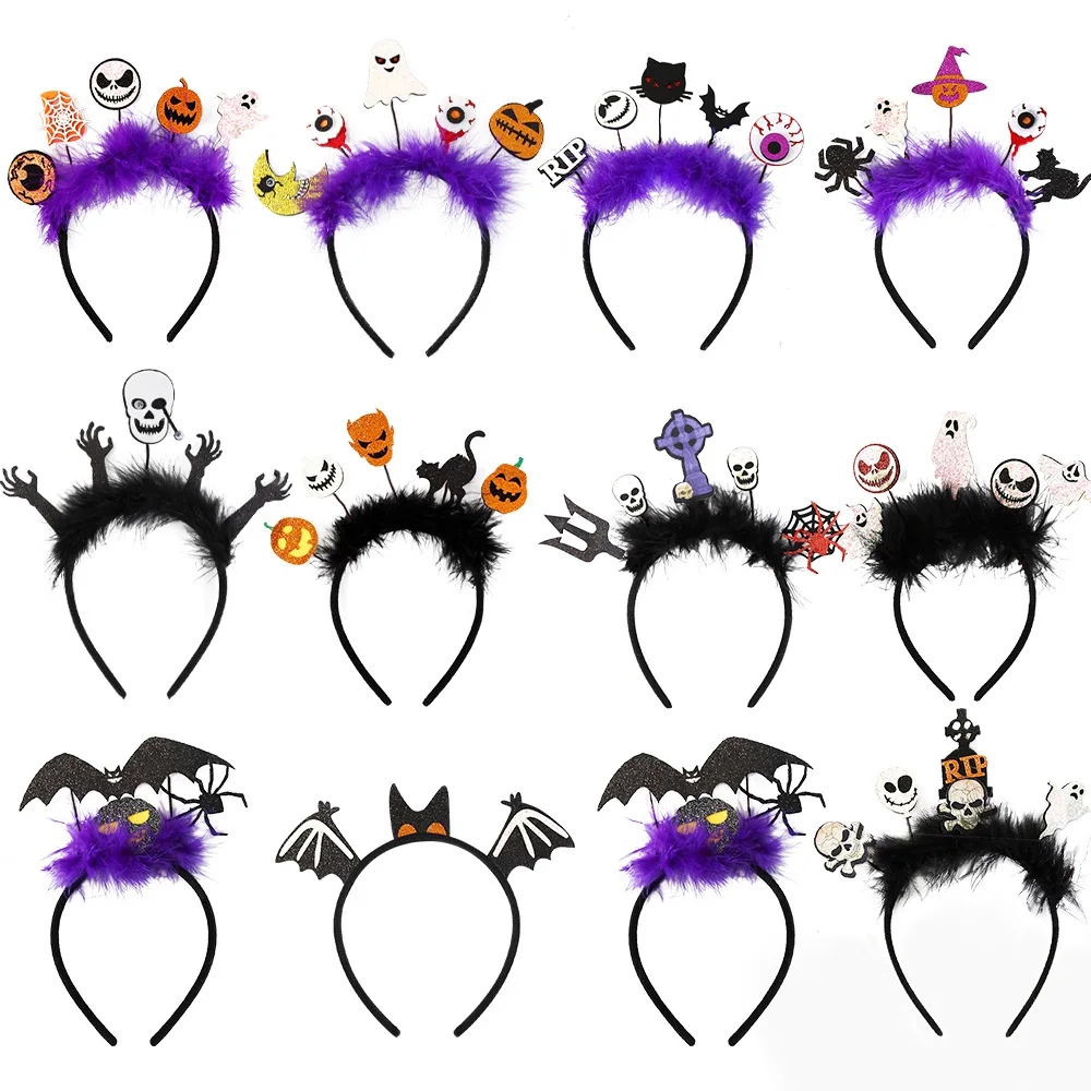 Halloween Party Props Feather Headband With Felt Bat Pumpkin Ghost Ornaments For Kids Adult Halloween Decoration Supplies