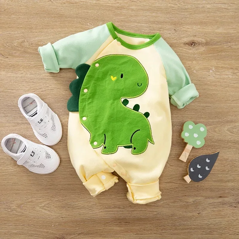 Cross-border new baby jumpsuit spring and autumn outfit cartoon dinosaur hayi crawling suit cotton