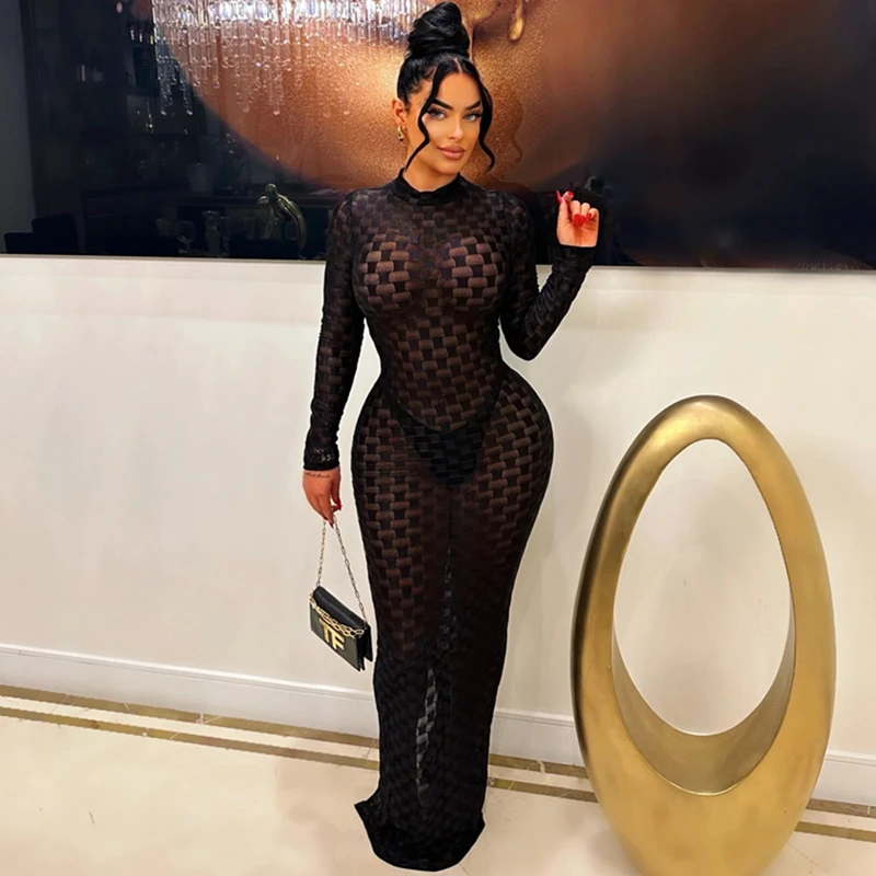 Channel 2024 Autumn Women Split Back Mock Neck Long Sleeve See Through Mesh Maxi Dress Bodycon Ladies Sexy Party Club Night