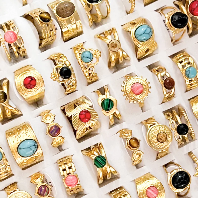 Vintage Style French Natural Stone Stainless Steel Ring 18k Gold Plated Ring Cz Zircon Mix Bulk Gemstone Opening Adjustable Ring