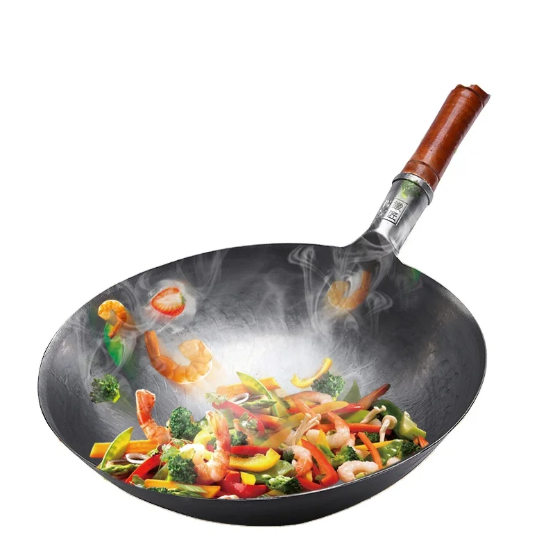 Китайская деревянная ручка, ВОК из углеродистой стали, молотковый вок с деревянной ручкой и железными ушками, железная сковорода для жарки без покрытия с круглым дном