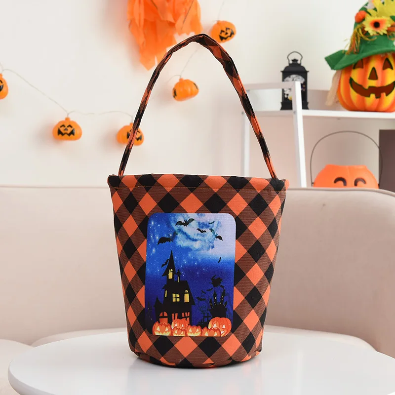 Customized Halloween Gingham Basket Pumpkin Orange Printed Coffin Pattern Halloween Basket Wholesaler