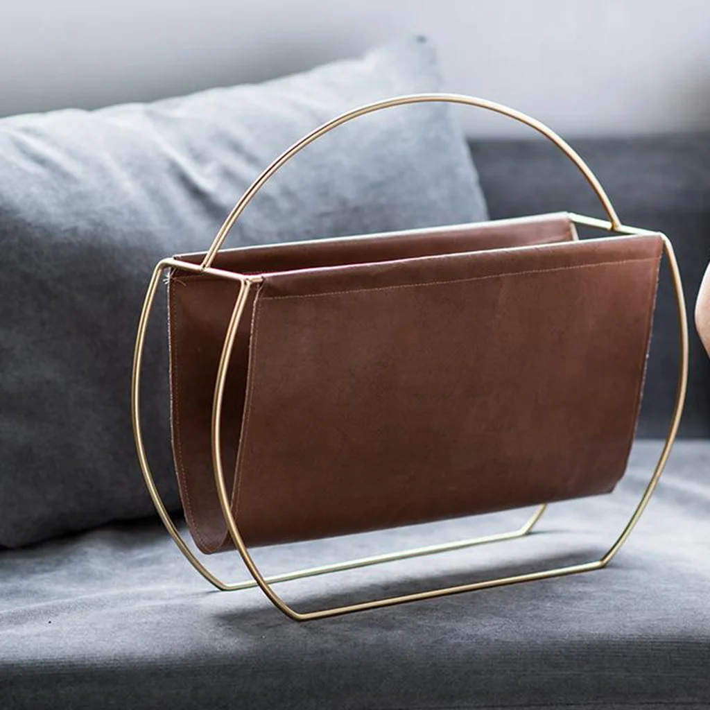 Modern Magazine Storage Rack Living Room Bedroom Standalone Storage Decorative Desktop Leather Metal Book File Holder