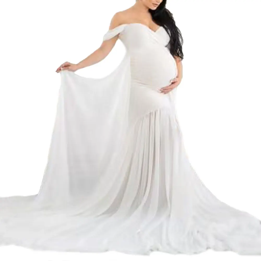 Off Shoulder Solid Color Long Tail Pregnancy  Evening Dress Maternity Dresses Photography