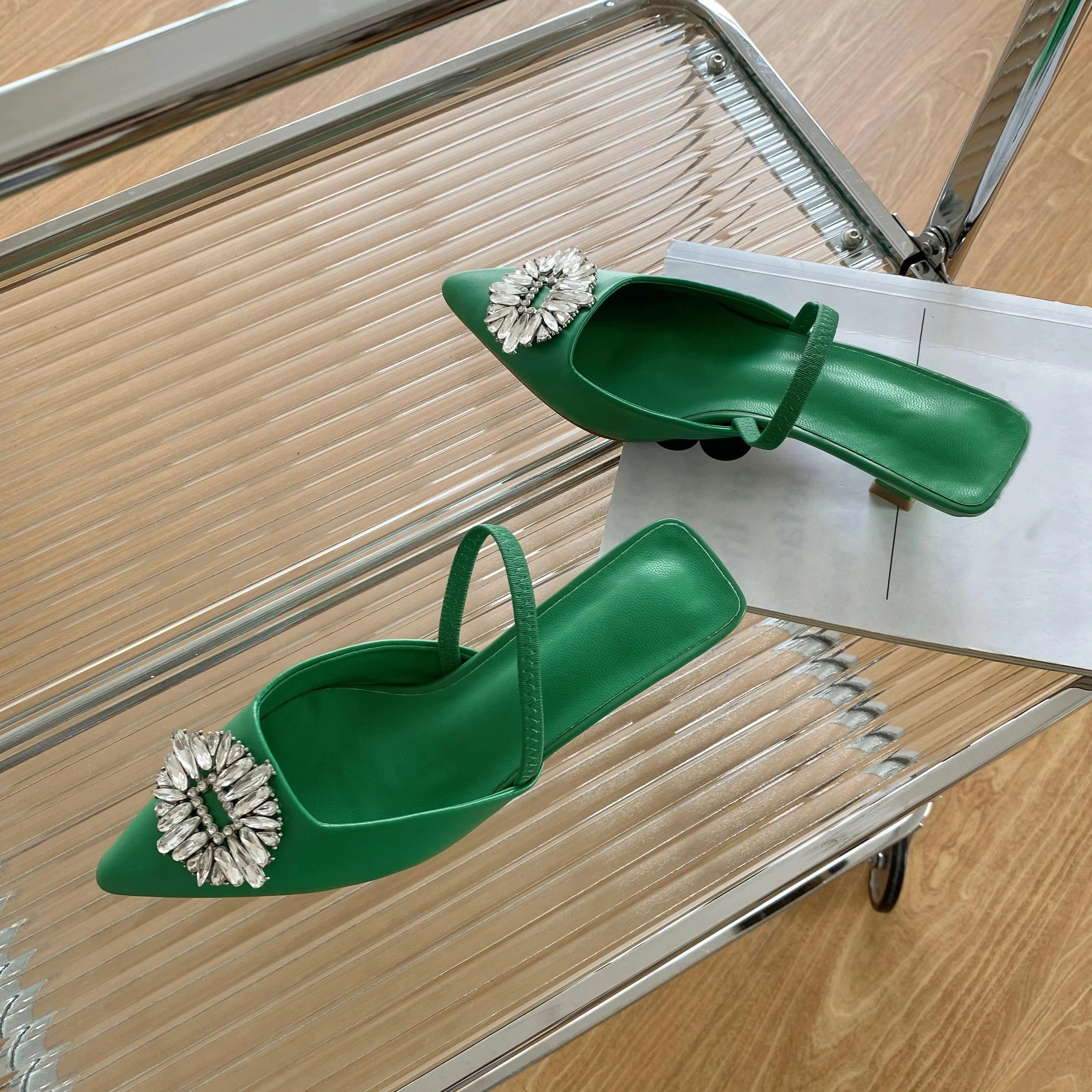 Eilyken Women Candy Colors Pointed Toe Mule Shoes Crystal Diamond Shallow Slip On Thin Low Heel Ladies Summer Pump Shoes