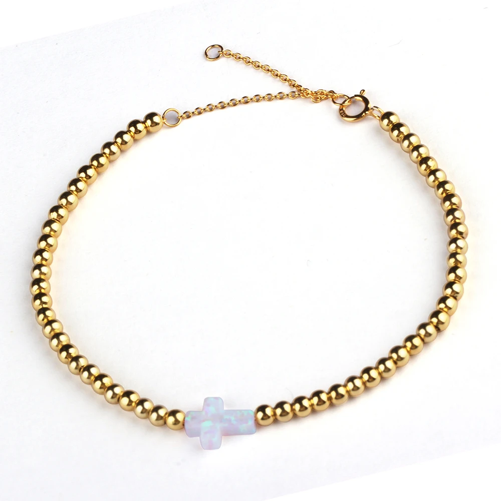 Hot Selling White Cross Charm Bracelet Gold Beads Synthetic Opal Jewelry 925 Sterling Silver Bead Bracelet