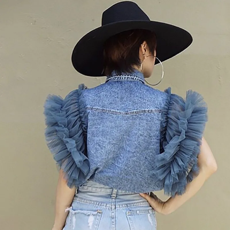 Fashion Sexy Mesh Sleeveless Denim Jeans Jacket For Ladies