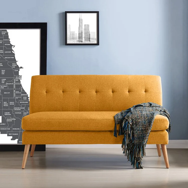 Nordic Modern Living Room Office Furniture Upholstered Wooden Frame Leg Fabric Linen Armless 2 Seat Loveseat Leisure Sofa