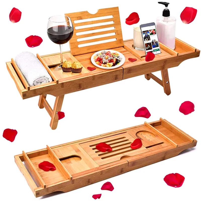 Bamboo Bathtub Rack Board Wood Bath Tub Caddy Tray Bridge Table Luxury Extendable Natural Bamboo Bath Tray with Legs