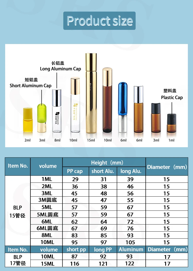 BLP15-1ML 2ML 3ML 5ML Empty Mini Size Glass Vial Container with Thread Matching Screw Metal Silver/Gold Cap with Metal Ball