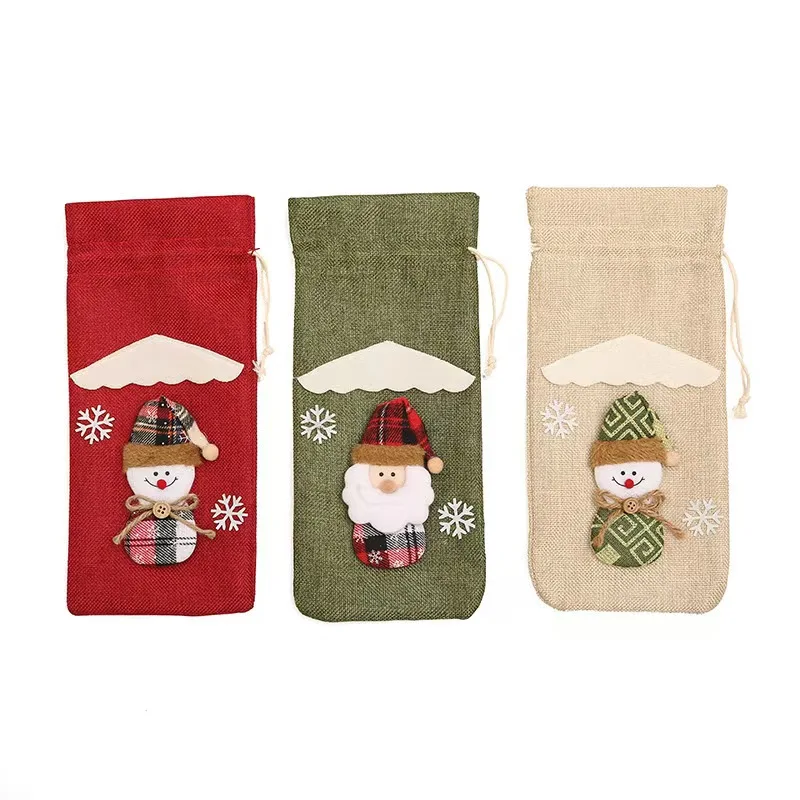 Hot Selling Cross-Border Christmas Wine Set Jute Champagne Bottle Bag Christmas Decoration Bar Restaurant Party Table Atmosphere