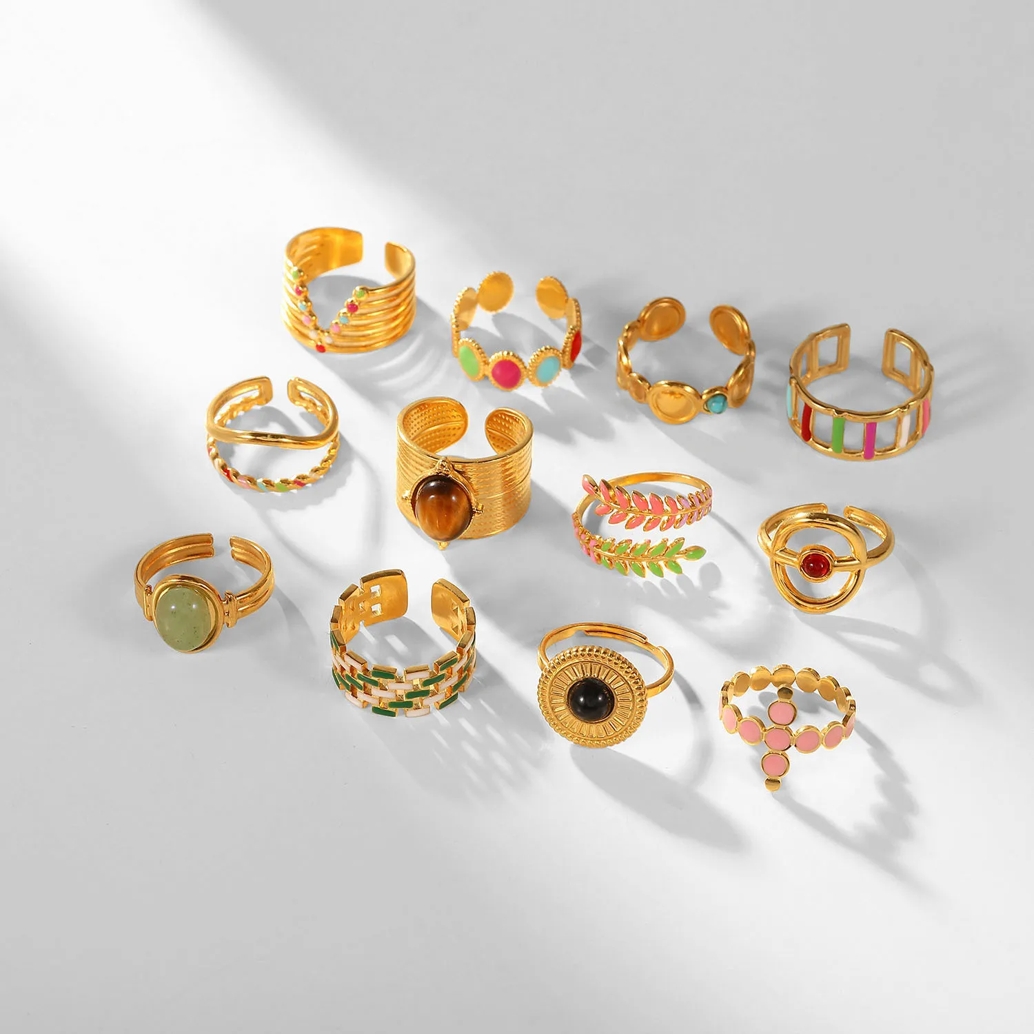 Enamel Oil Drop Ring 18K Gold Plated Stainless Steel Open Ring Popular Custom Jewelry Colored Enamel Natural Stone Open Rings