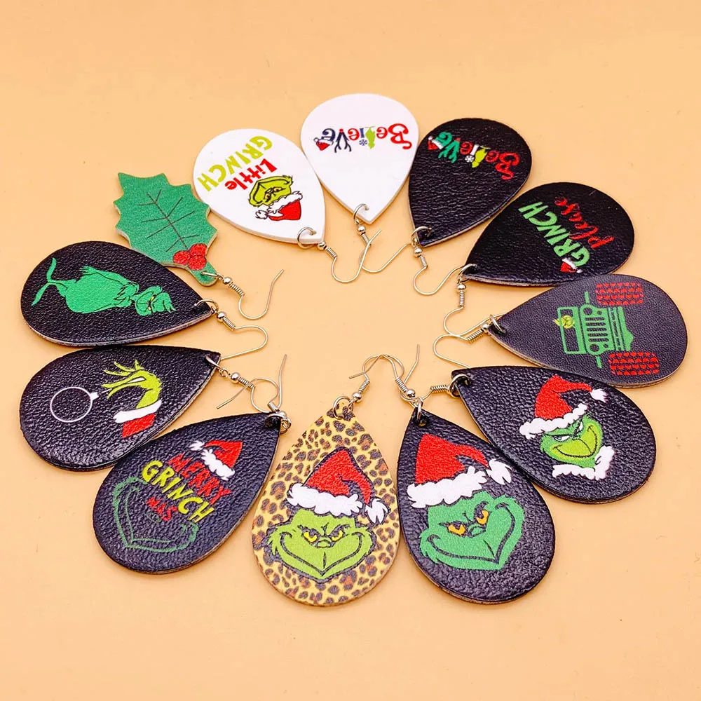 Fashion Water Drop Earrings Women High Quality Christmas Double-side Printing PU Leather Earrings