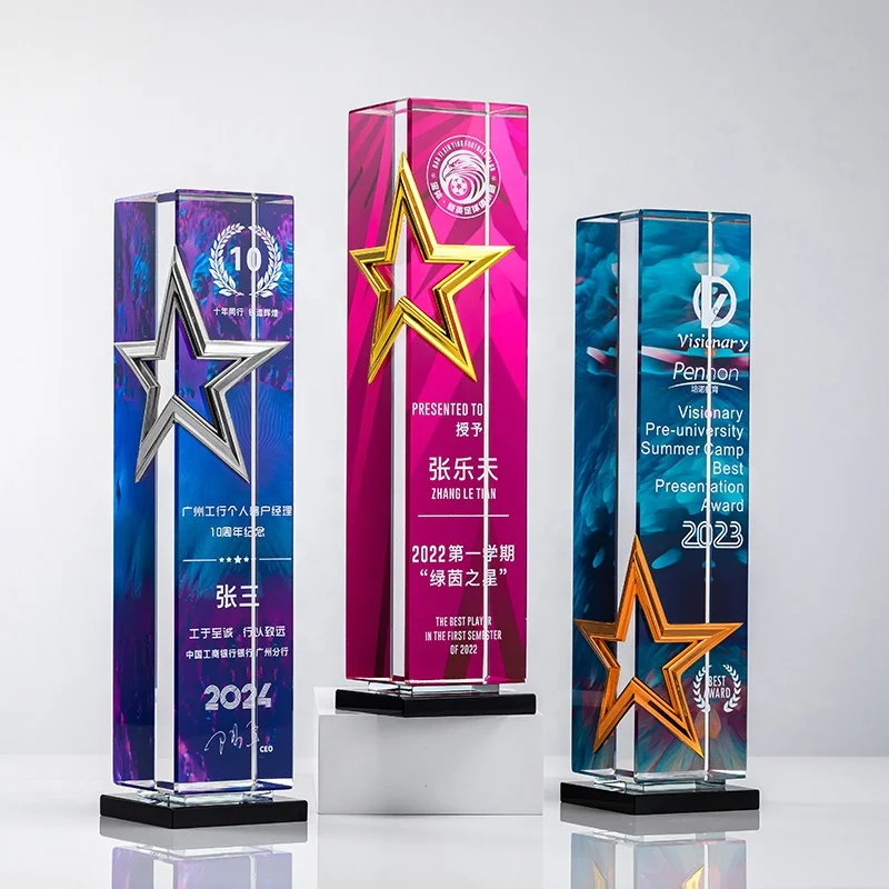 BM Factory wholesale custom new design square pillar crystal trophy awards with metal star