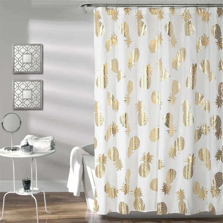 Pineapple Pattern Tropical Shower Curtain with 12 Hooks  /Fruit Bronzing Waterproof Fabric Shower Curtain for Bathroom