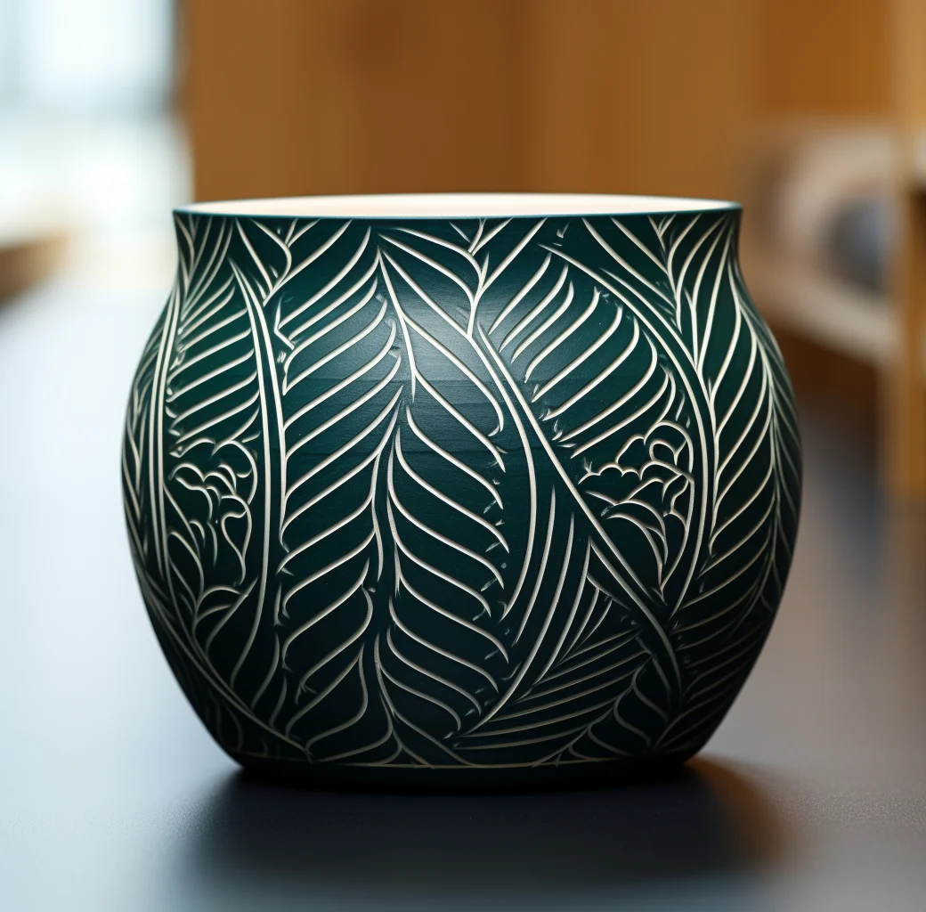 5 inch Ceramic Flowerpot Plant Vase - Woodcut-Inspired Graphics, Dark Teal and Dark White Artistry with Art Deco Flair