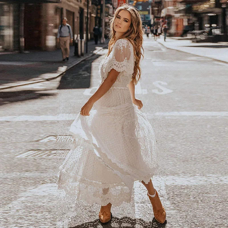 
Party Wear Women Dress White Patchwork Short Sleeve V-Neck Lace Summer Party Dresses For Woman Summer 