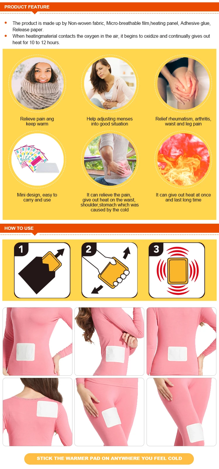 Fast relieving adhesive medical self-heating pain relief patch back pain relief patch