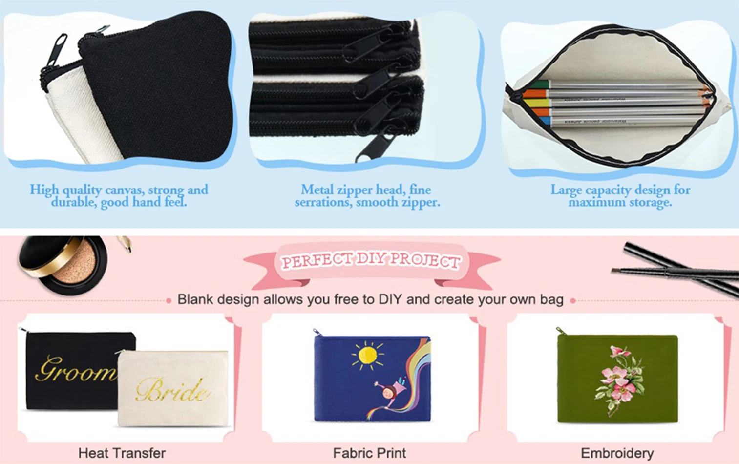 Good Selling Fashionable Eco-Friendly Folded Travel Custom Logo Reusable Organic Cotton Canvas Makeup Bag With Zipper