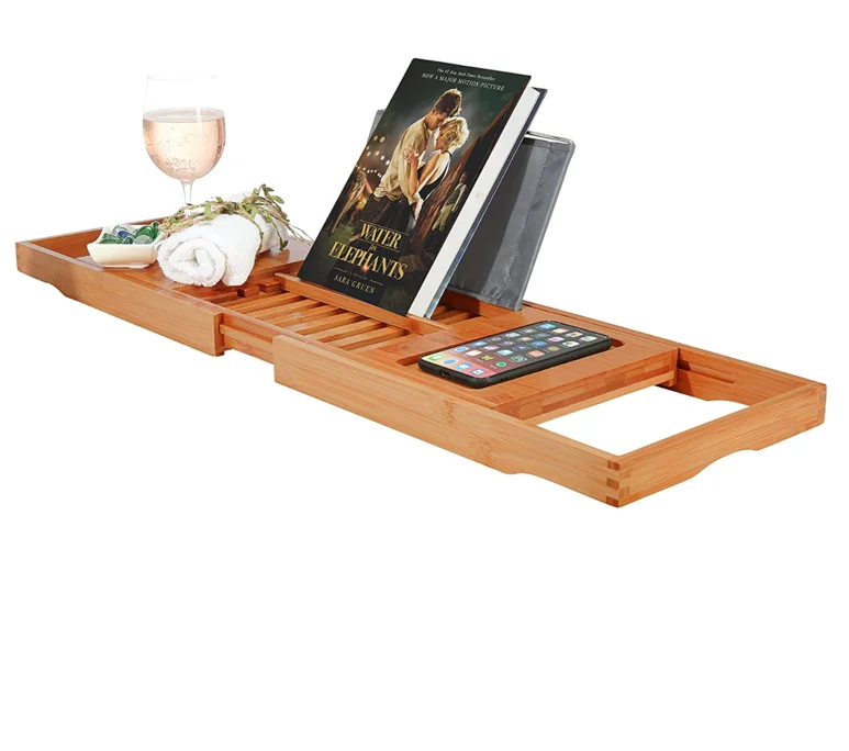 
Expandable Premium Wood Bamboo Bath Caddy Tray with Book, Wine Holder for Ideal Gift for Loved Ones 