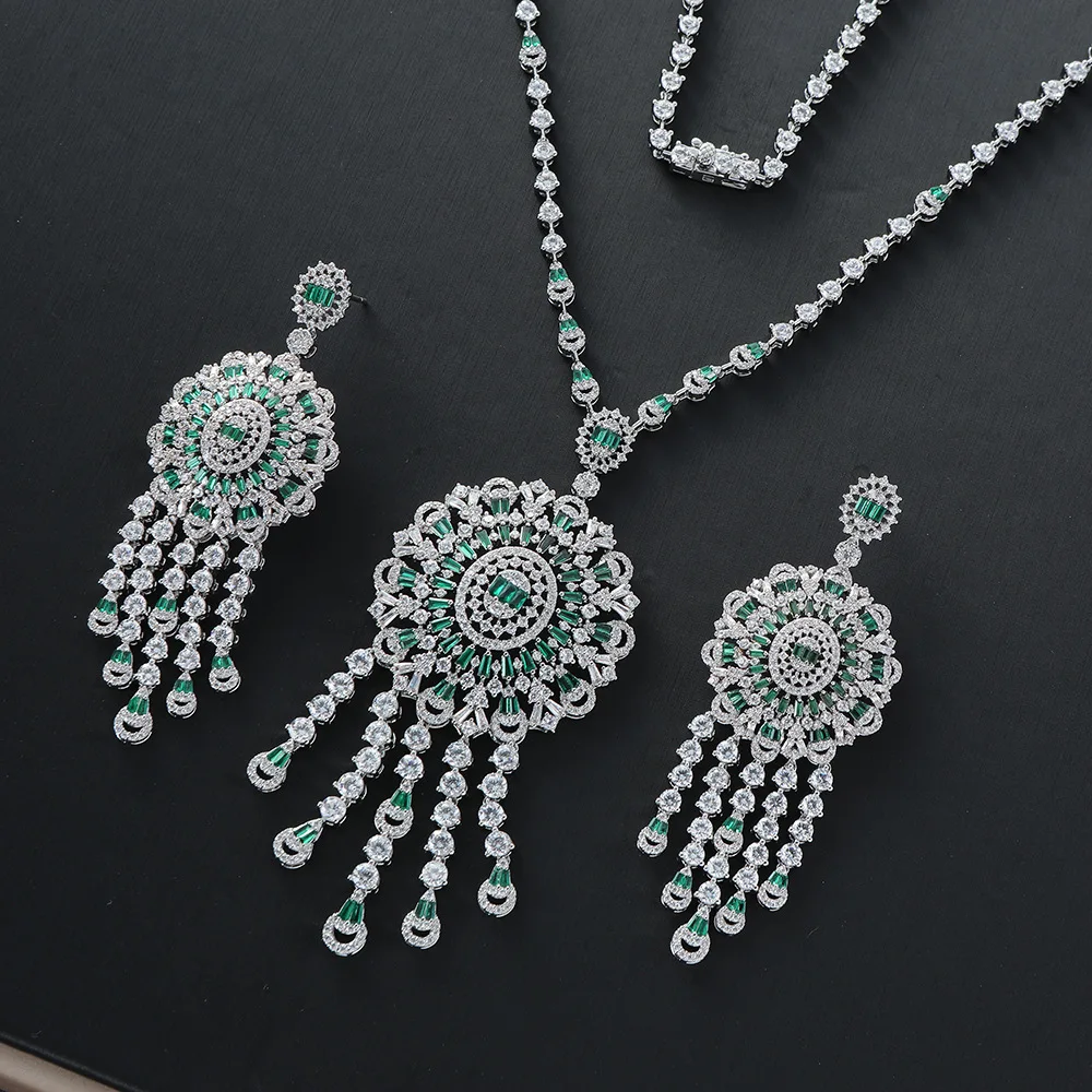 Necklace Long Tassel Pendant Mirco Paved Zirconia Necklace Earring Jewelry Set For Middle East Market