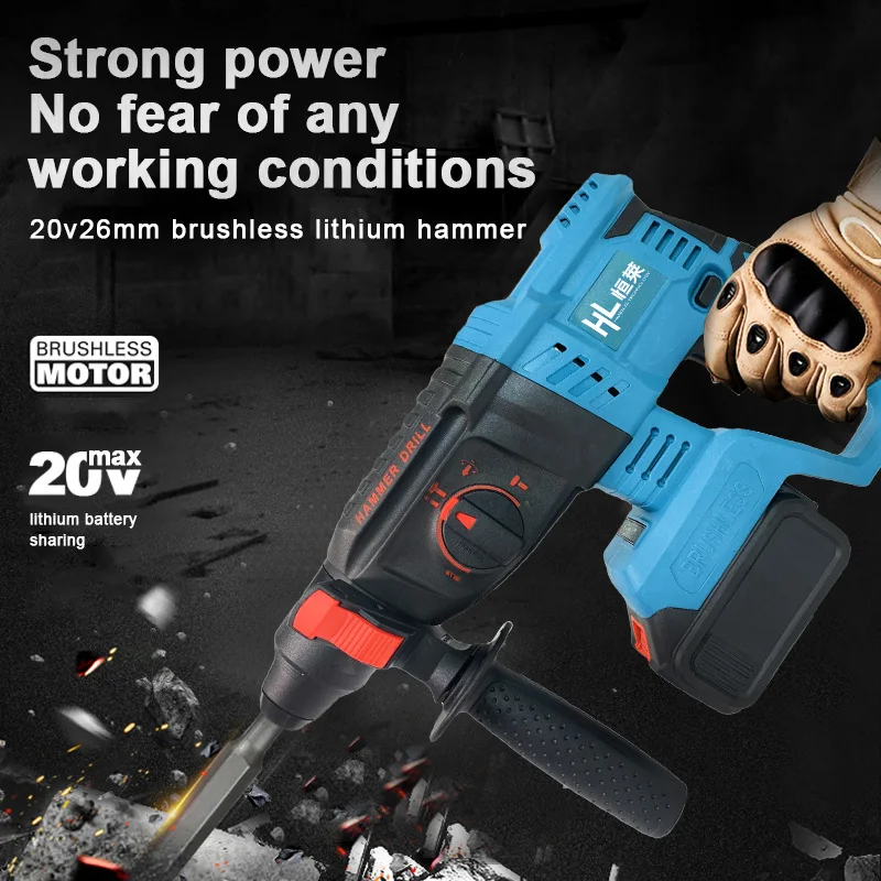 HENGLAI In Stock!!! Rechargeable Lithium Battery Hammer Drill Power Tool Cordless Impact