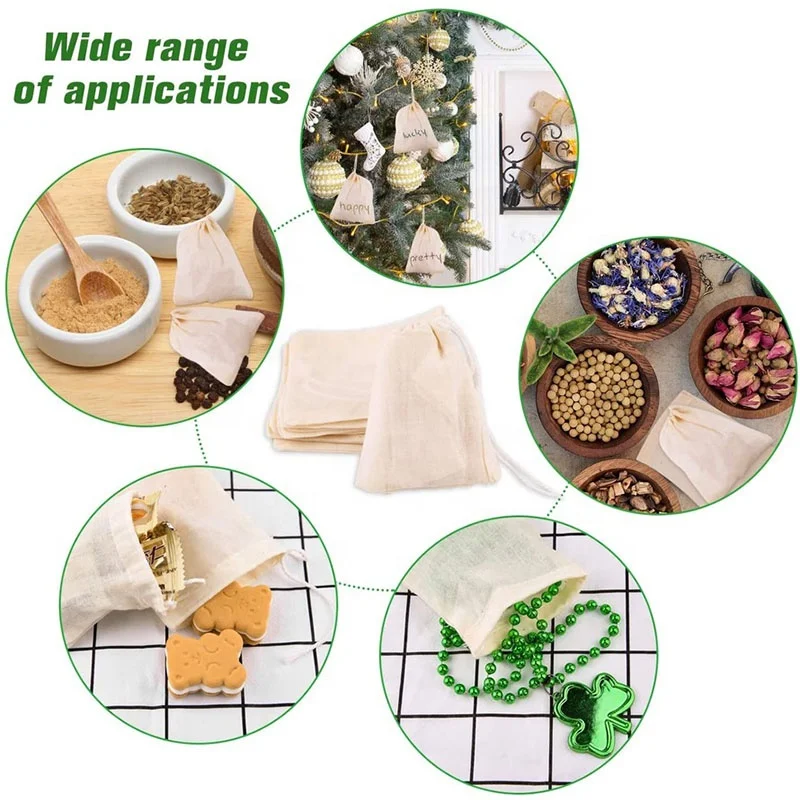 Customized Packing Fabric Pouch Small Drawstring Bag Cotton Muslin Organic Tea Bags