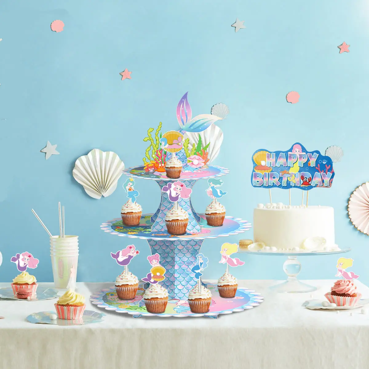 Mermaid Cake Stand 3 Tier Mermaid Party Supplies Mermaid Tail Cupcake Stand for Girls Underwater Theme Party