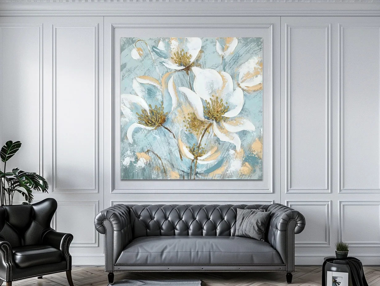Modern Simple Original Glorious Blooms Light Blue Flower Hand-painted Texture Thick Oil Abstract Living Room  Wall Art