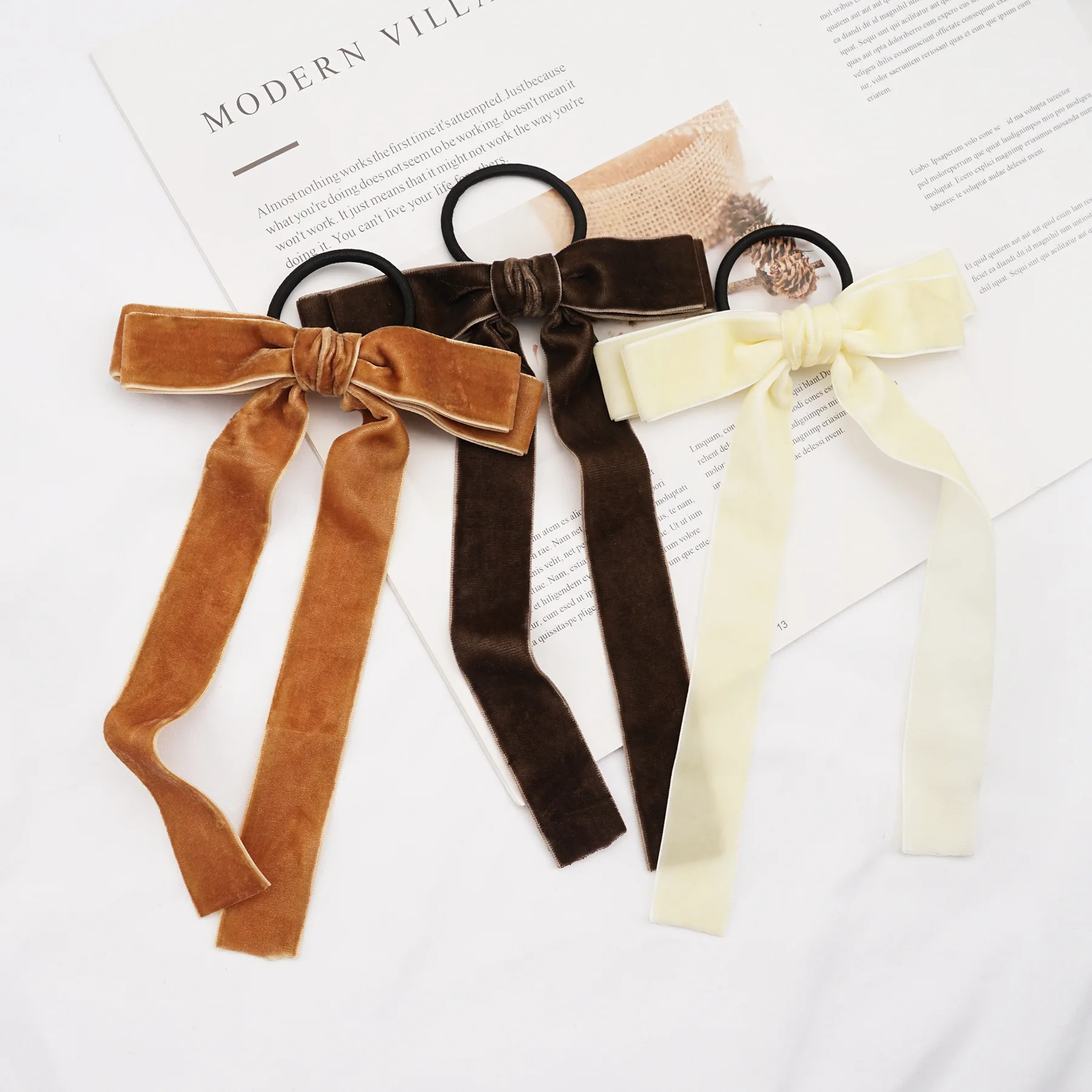 French Retro Black Long Velvet Ribbon High Elastic Hair Ties Hair Bow For Girls Hair Clip Colorful Long Tail Bowknot Bow
