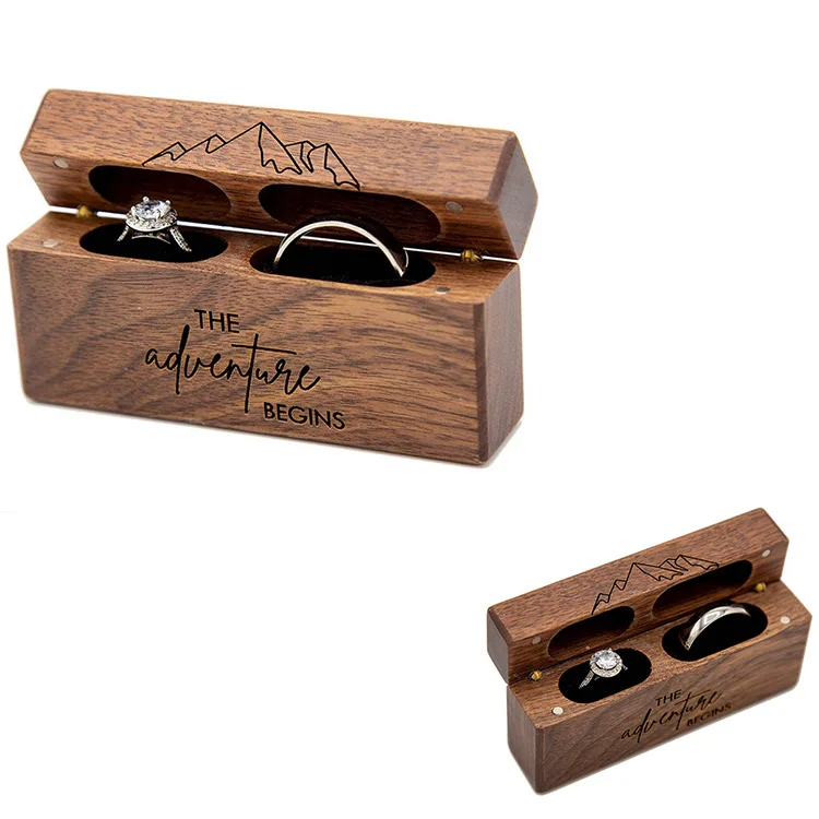 Custom Luxury Walnut Dark Wood Double Ring Box Wooden Boxes Velvet Diy For Wedding