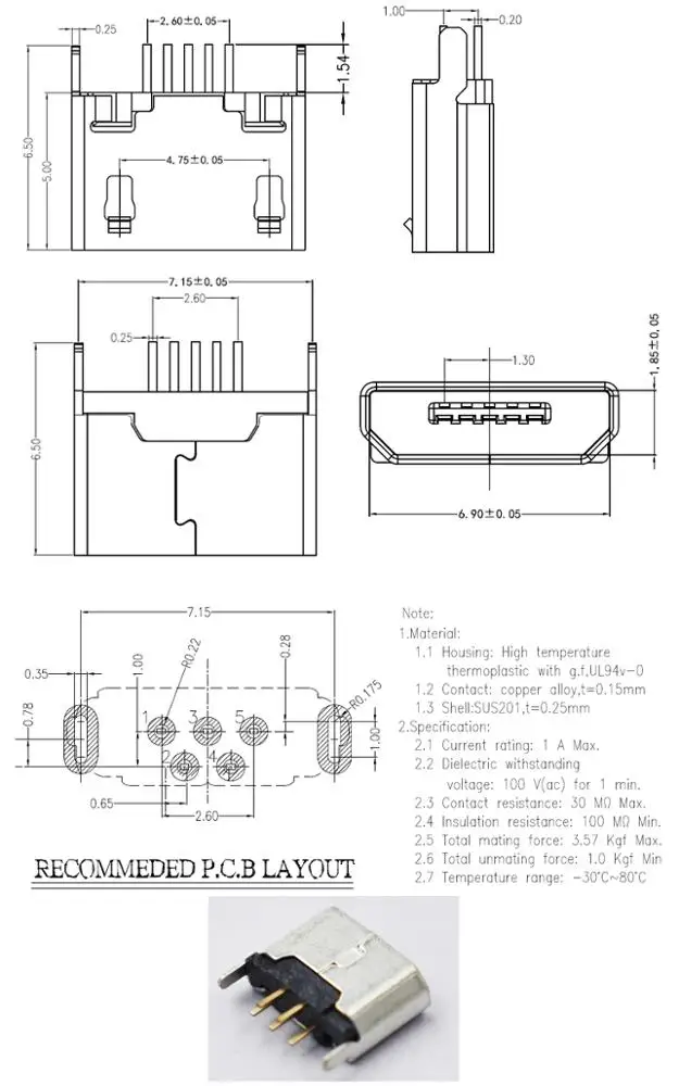 
Cell phone type b micro usb 2.0 female jack charging port connector flangeless 