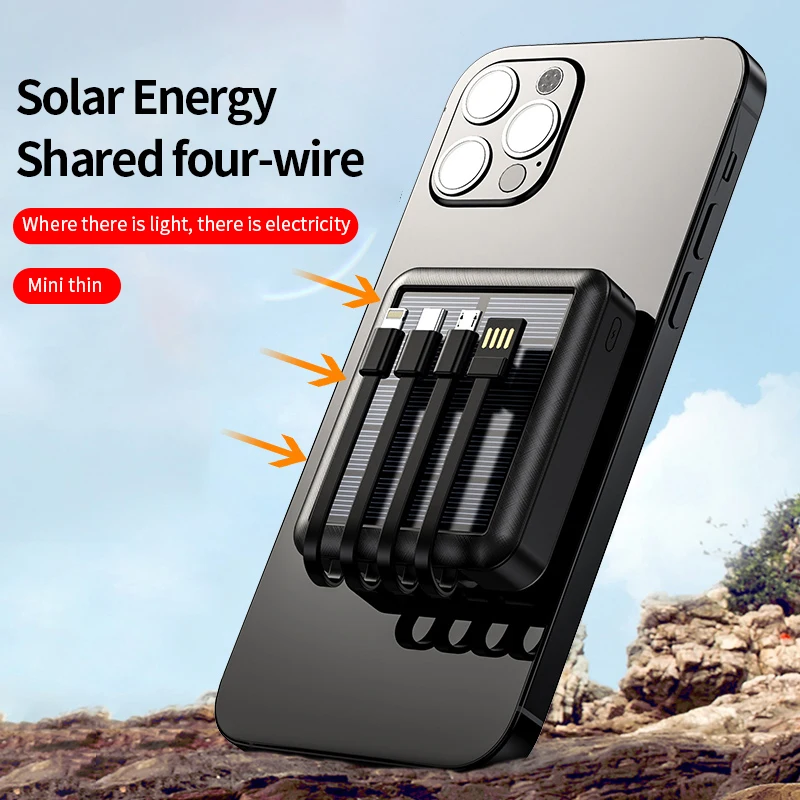 Hot Sale Solar Power Bank 10000mAh Power Banks energy with LED light Portable Powerbank Built in 3 Cables