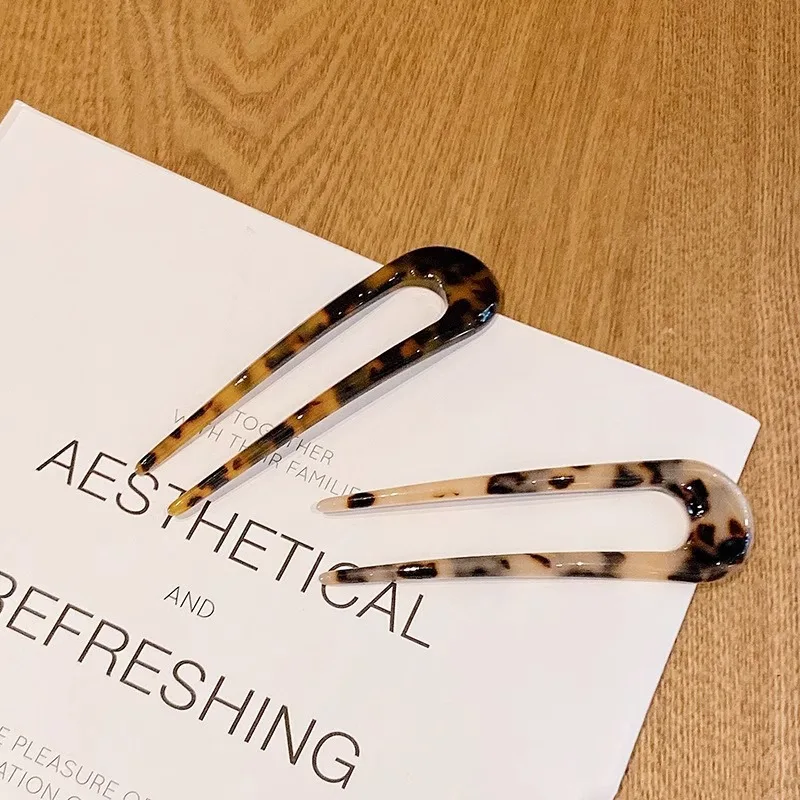 Acetate Tortoise Shell U Shaped Hair Pin Fork 2 Prong Updo Chignon Pin for Women Girls Hairstyle Accessories