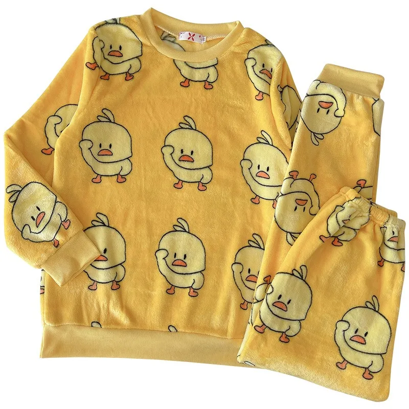 Оптовая продажа, зимний пижамный комплект для взрослых, Мультяшные женские комплекты одежды для сна, фланелевый Халат из 100% полиэстера, 2 шт., женская пижама, утка